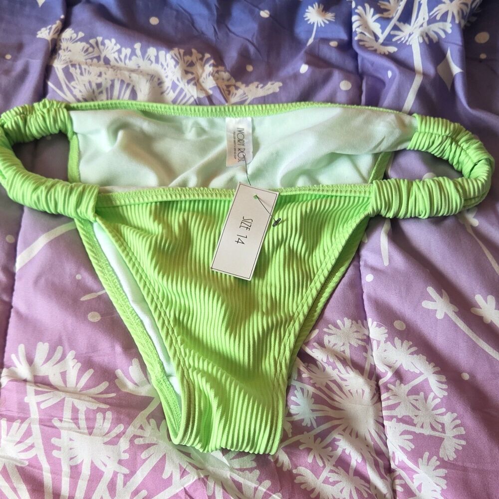 NWT Ivory Rose Ruched Neon Green Bikini Bottom Women's Size 14 Solid Swim